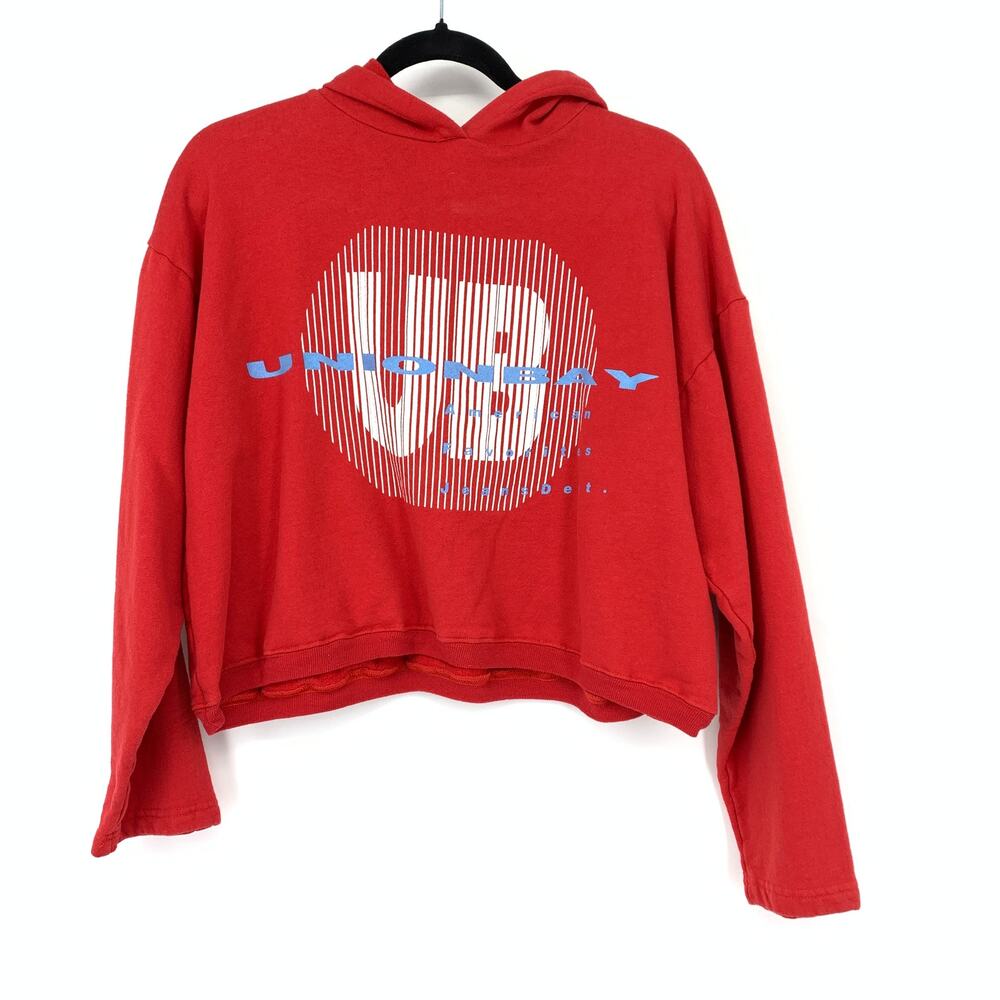Vintage Y2K Unionbay Logo Cropped Hoodie Pullover Sweatshirt Sz Small Red